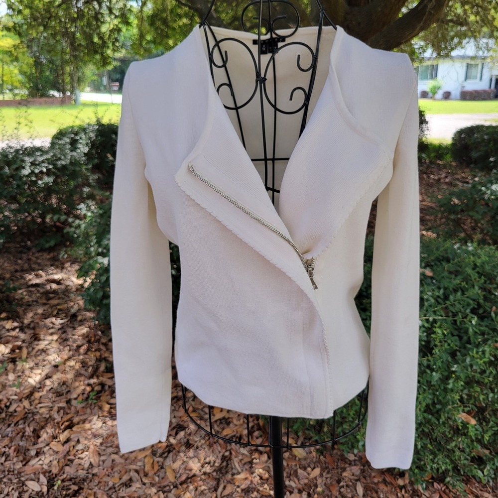 Theory P Knit Jacket Cream Long Sleeve Moto Preppy Neutral Side Zip STAINS